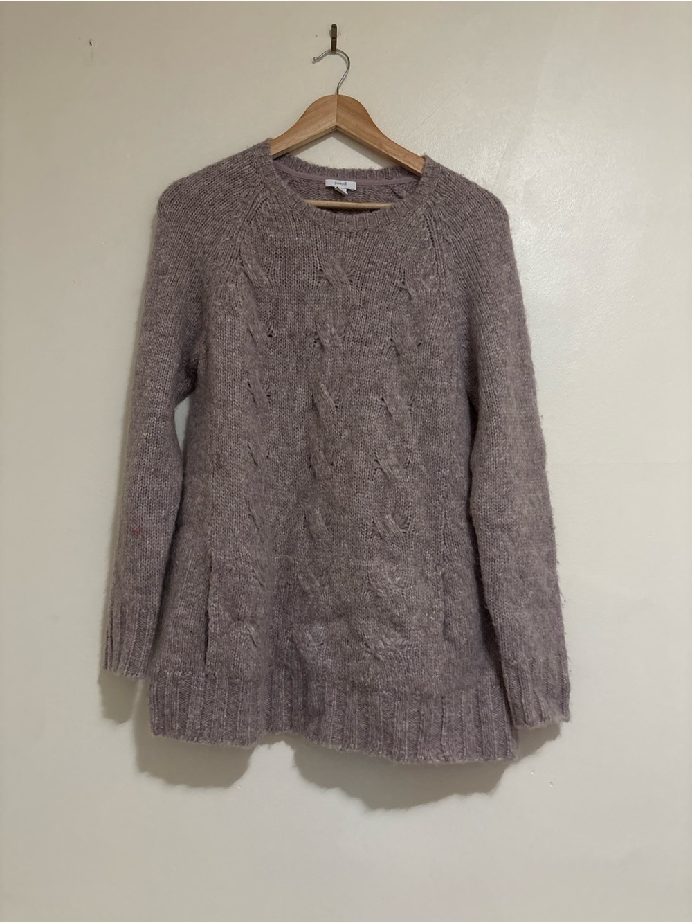 Wool Blend Purejill Cozy Cable-Knit Crewneck Sweater with Front Pocket - Mauve